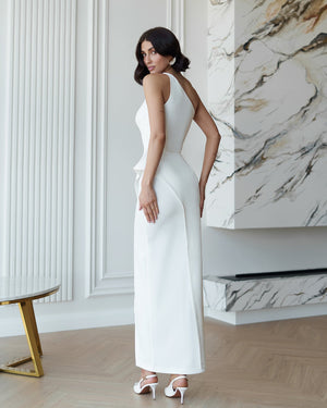 Aurora One Shoulder Dress white, outdoor front at location