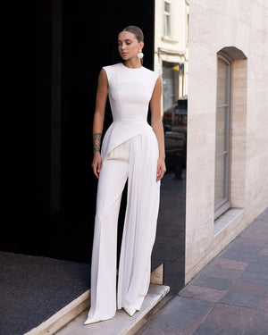Ceora Top in white, back view with modern construction