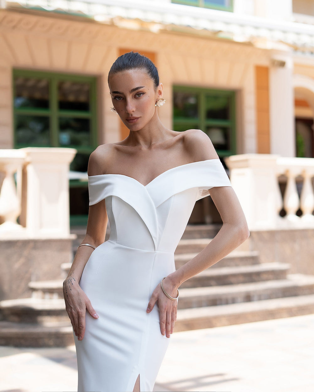 Bianca Dress in black, front view of off-shoulder corset gown