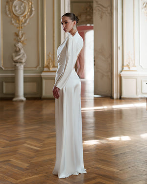 Celeste Dress in white, back view asymmetric drape