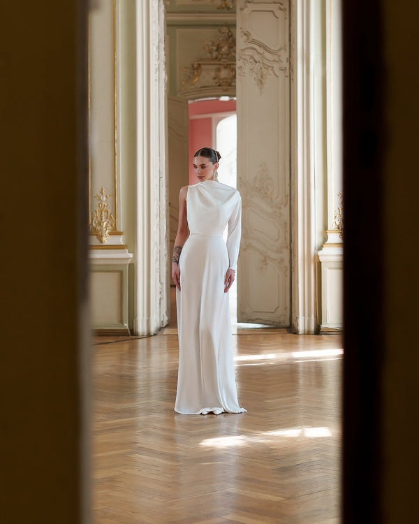 Celeste Dress in white, indoor formal event view