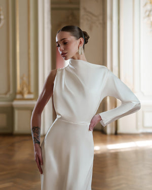 Celeste Dress in white, back view with open design