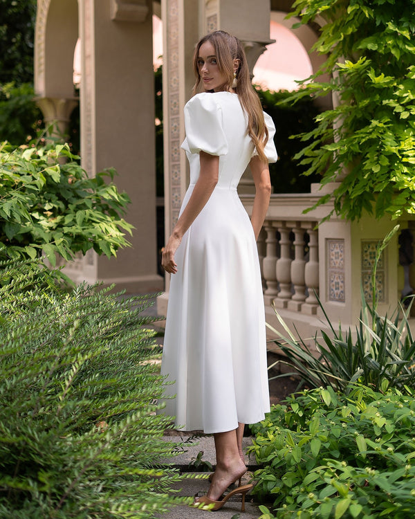 Elena Midi Dress in white, front view, fitted bodice