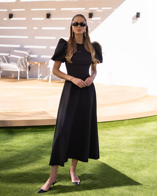 Elena Midi Dress in black, A-line silhouette, daytime pose