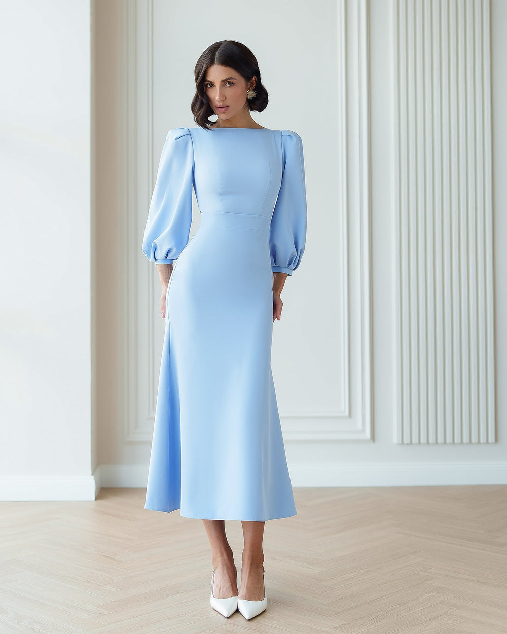Eloise Dress in blue, front view, full-length
