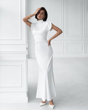 Elysia High-Neck Gown in white, front view, mermaid