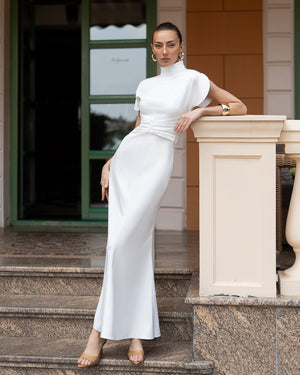 Elysia High-Neck Gown in beige, front angle, column shape