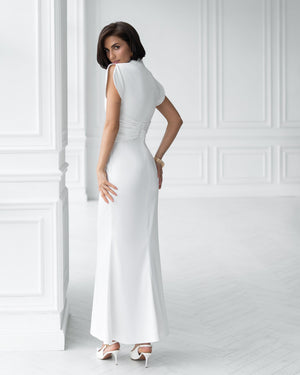 Elysia High-Neck Gown in beige, back view, tulip sleeves