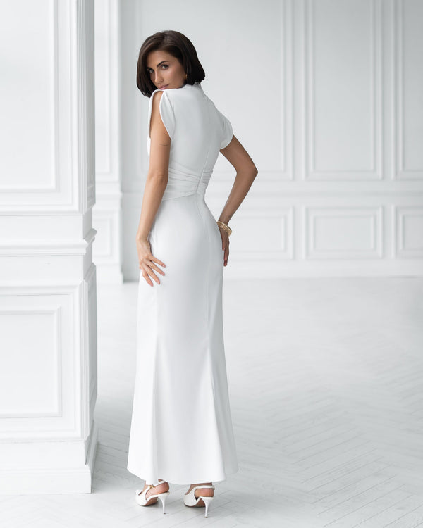 Elysia High-Neck Gown in beige, back view, tulip sleeves