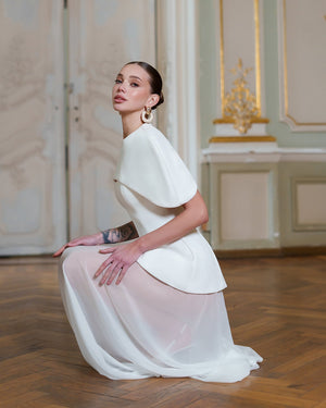 Enigma Dress in white, front-facing full-body pose