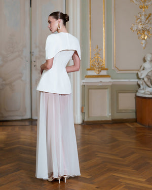 Enigma Dress in white, back view detail of open-back