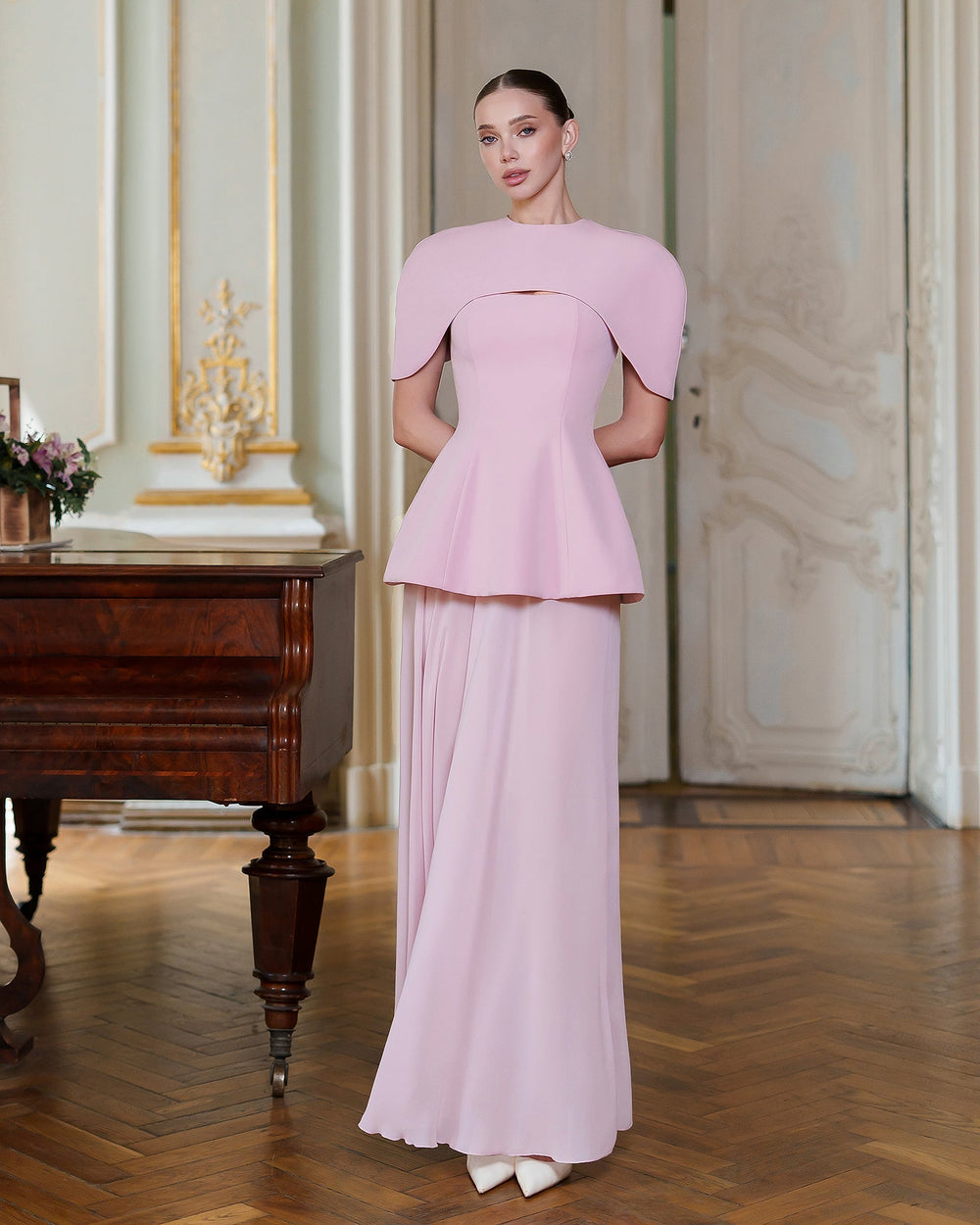 Enigma Dress in sky blue, full-length front standing view