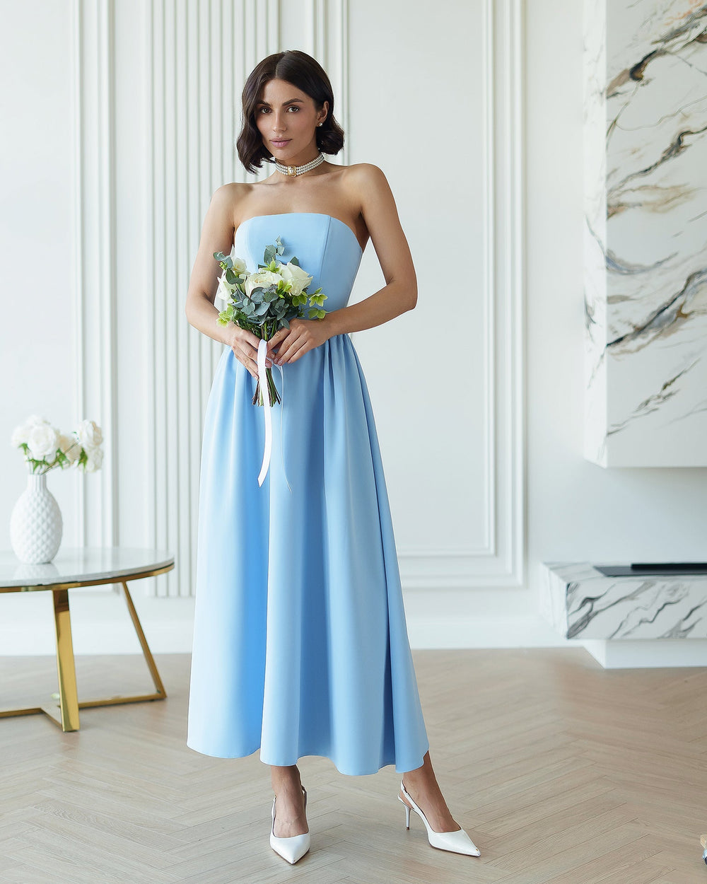 Sky blue Lucia Dress with gathered skirt