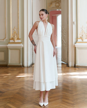 Merida Dress white, full-length back at formal entrance