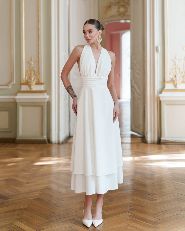 Merida Dress white, full-length back at formal entrance