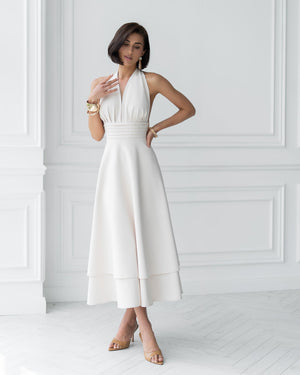 Merida Dress white, full-length back view indoors