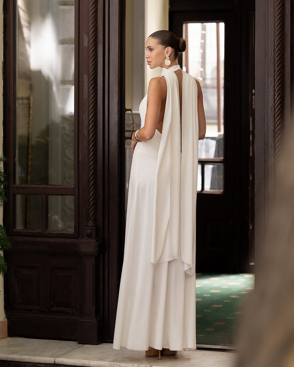 Odile Gown in chocolate, full-length back view showing elegance