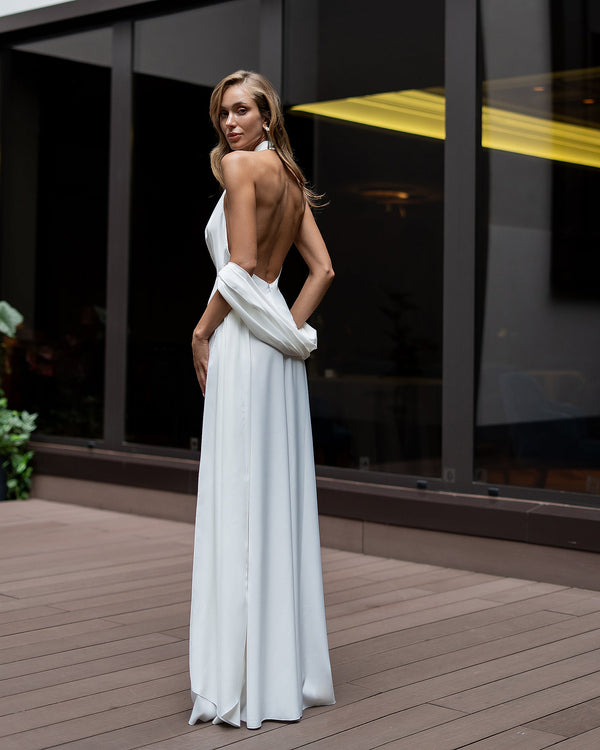 Odile Gown in chocolate, full-length standing interior view