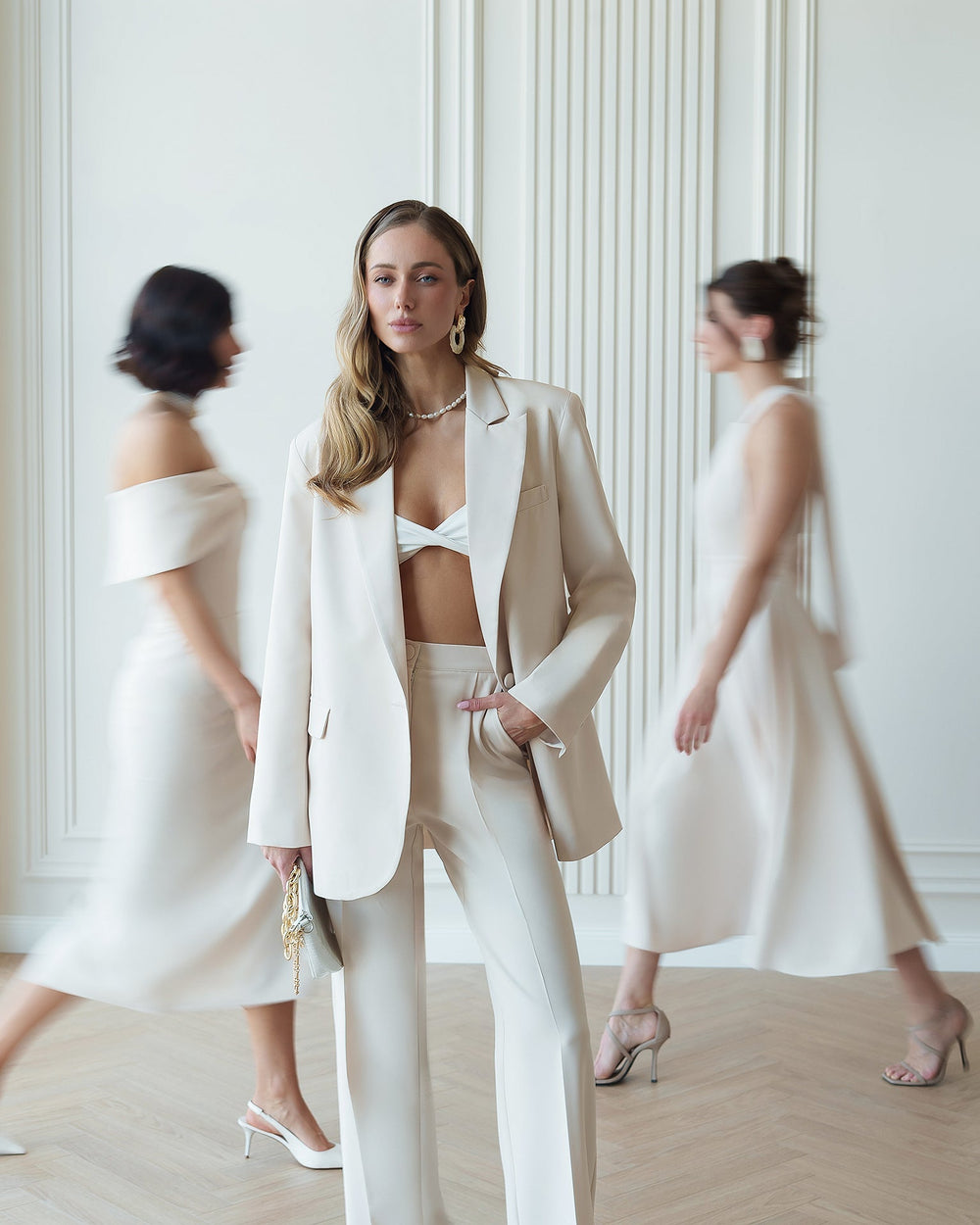 Opulence Bridal Suit in cream-ivory, three models full-length view