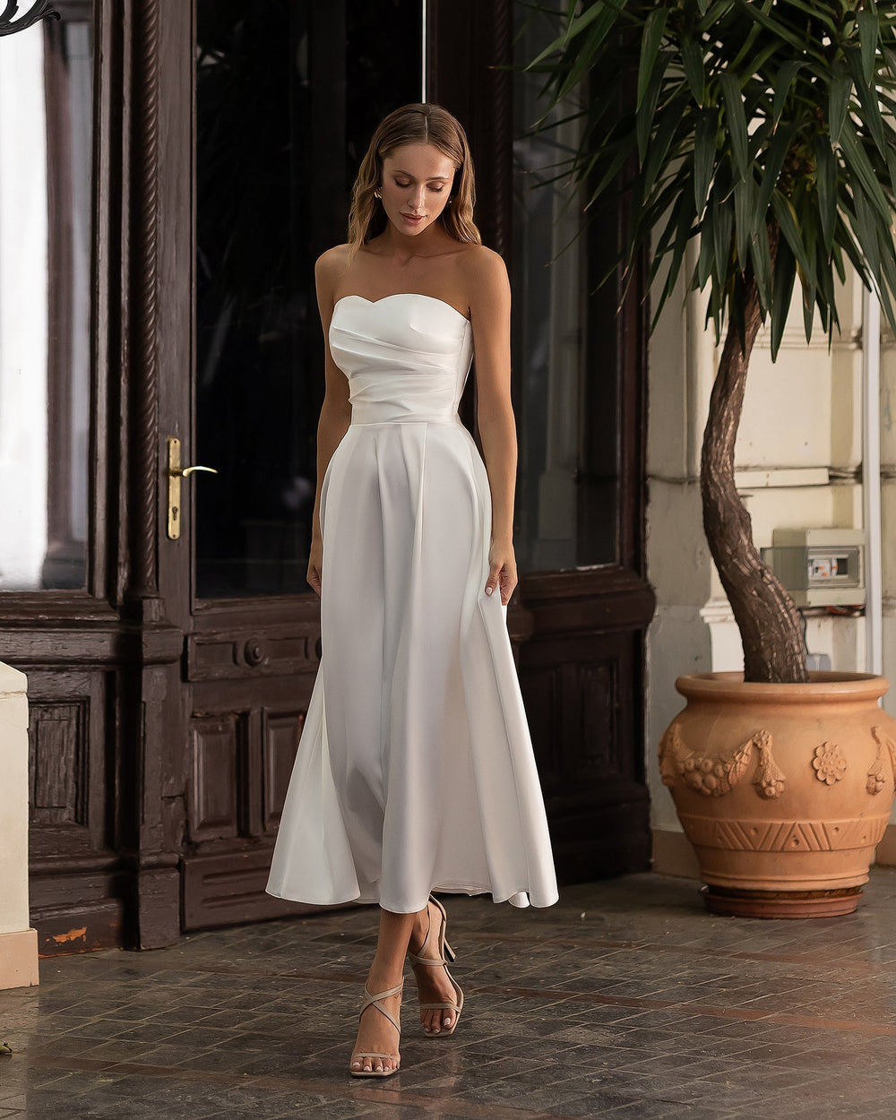 Serena Strapless Midi in cream-ivory, flowing A-line