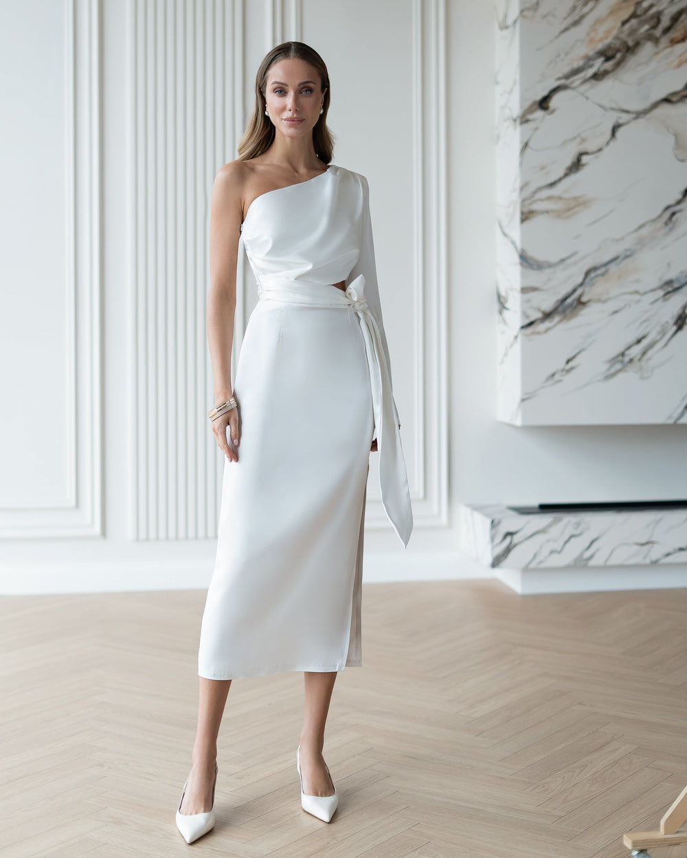 Solara Dress in white, modern asymmetric cut