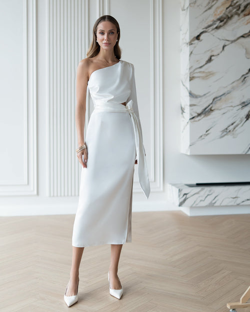 Solara Dress in white, modern asymmetric cut