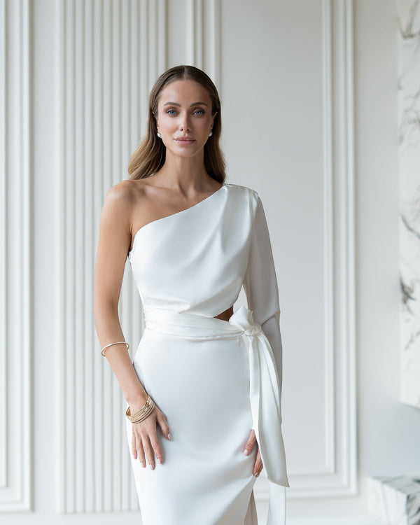 Solara Dress in mocha, refined midi dress