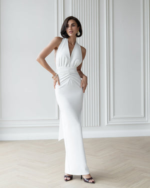 Verona Dress white halter maxi with open back detail