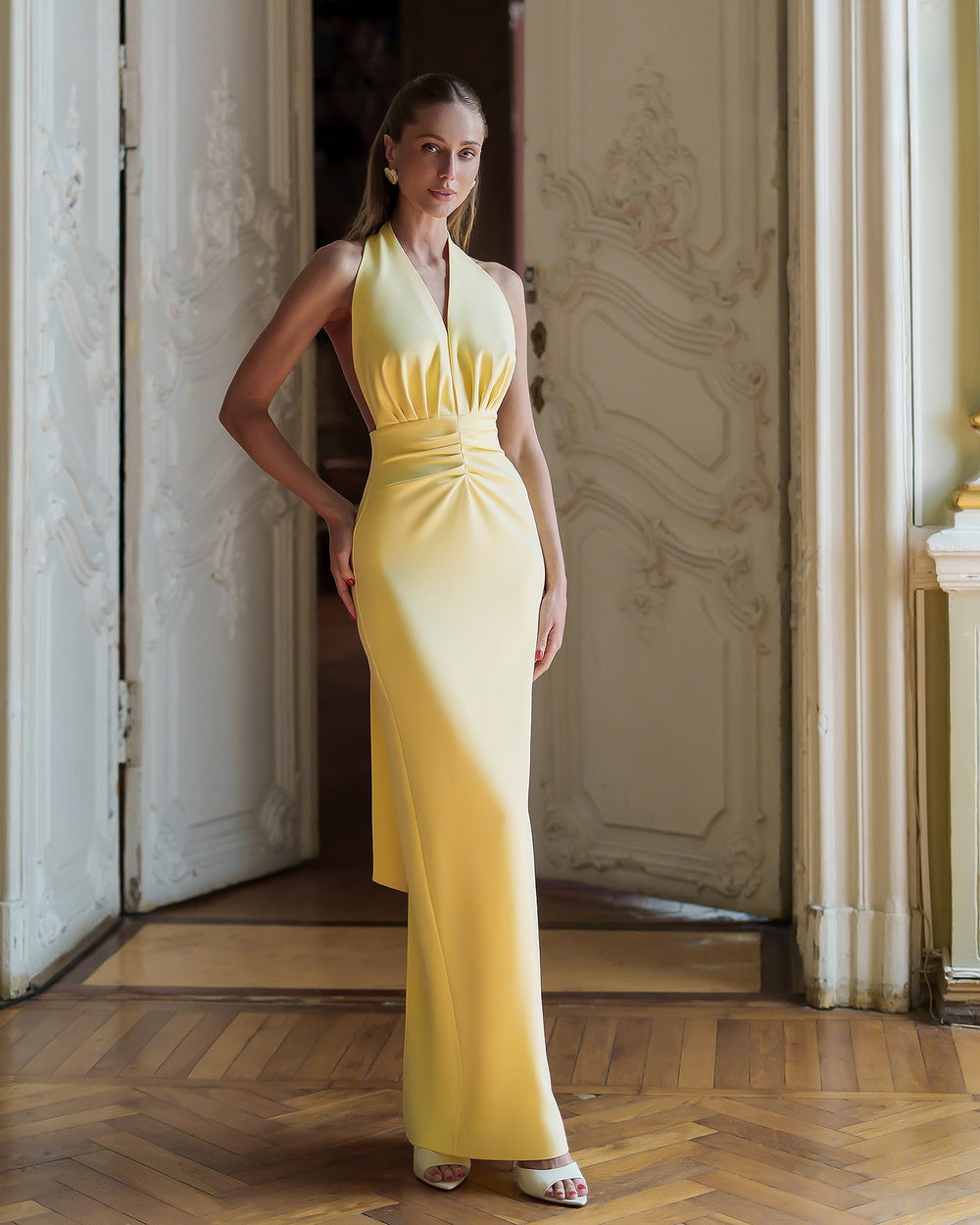 Verona Dress yellow halter maxi full-length styling