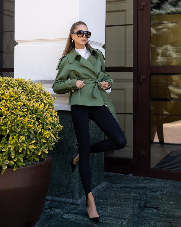 Model in olive Narella Trench Coat front view with belt